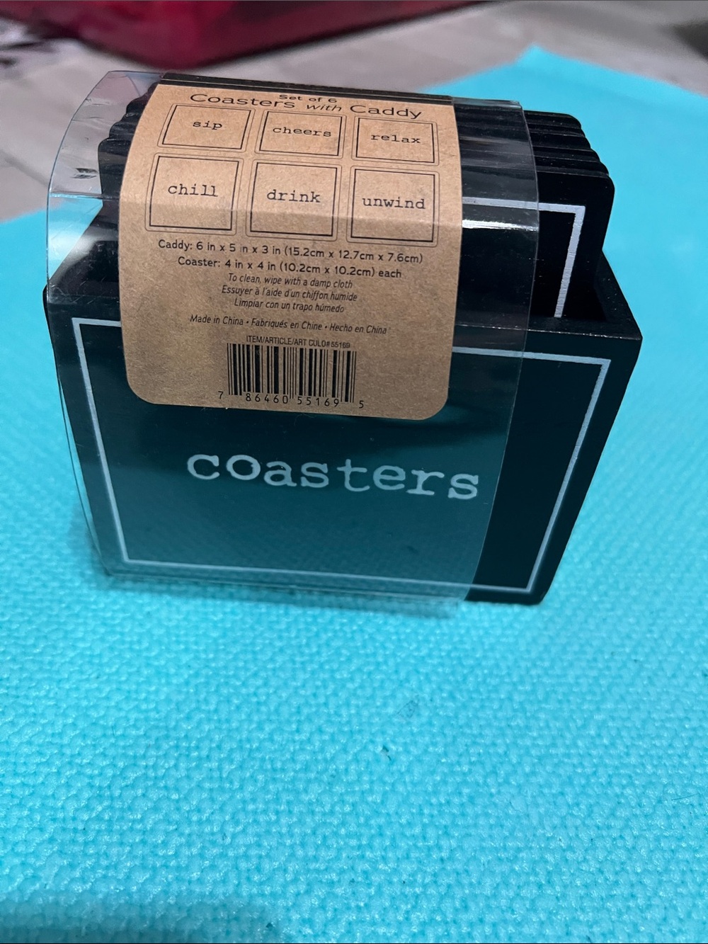 Black Coaster Set with Caddy - 'coasters' Print new